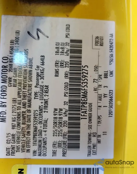 2015 Ford Mustang z USA, uszkodzony, nr VIN 1FATP8EM6F5359275